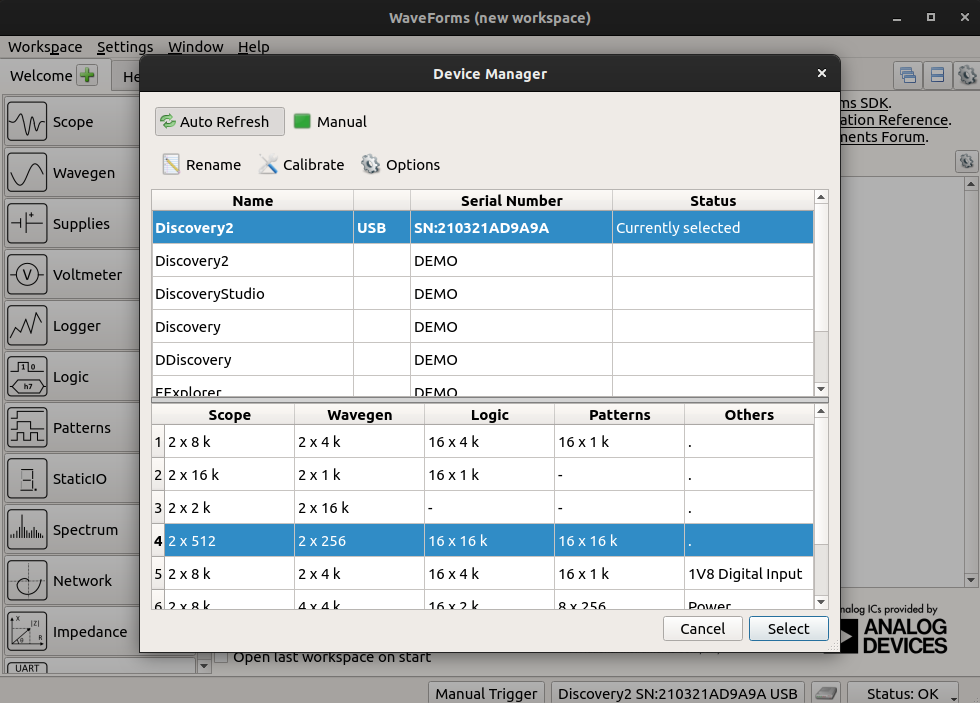 Choose the appropriate profile in the Device Manager. In this case, Profile 4 allocates extra buffer space (16 lines x 16k buffer) for the Logic Analyzer tool.