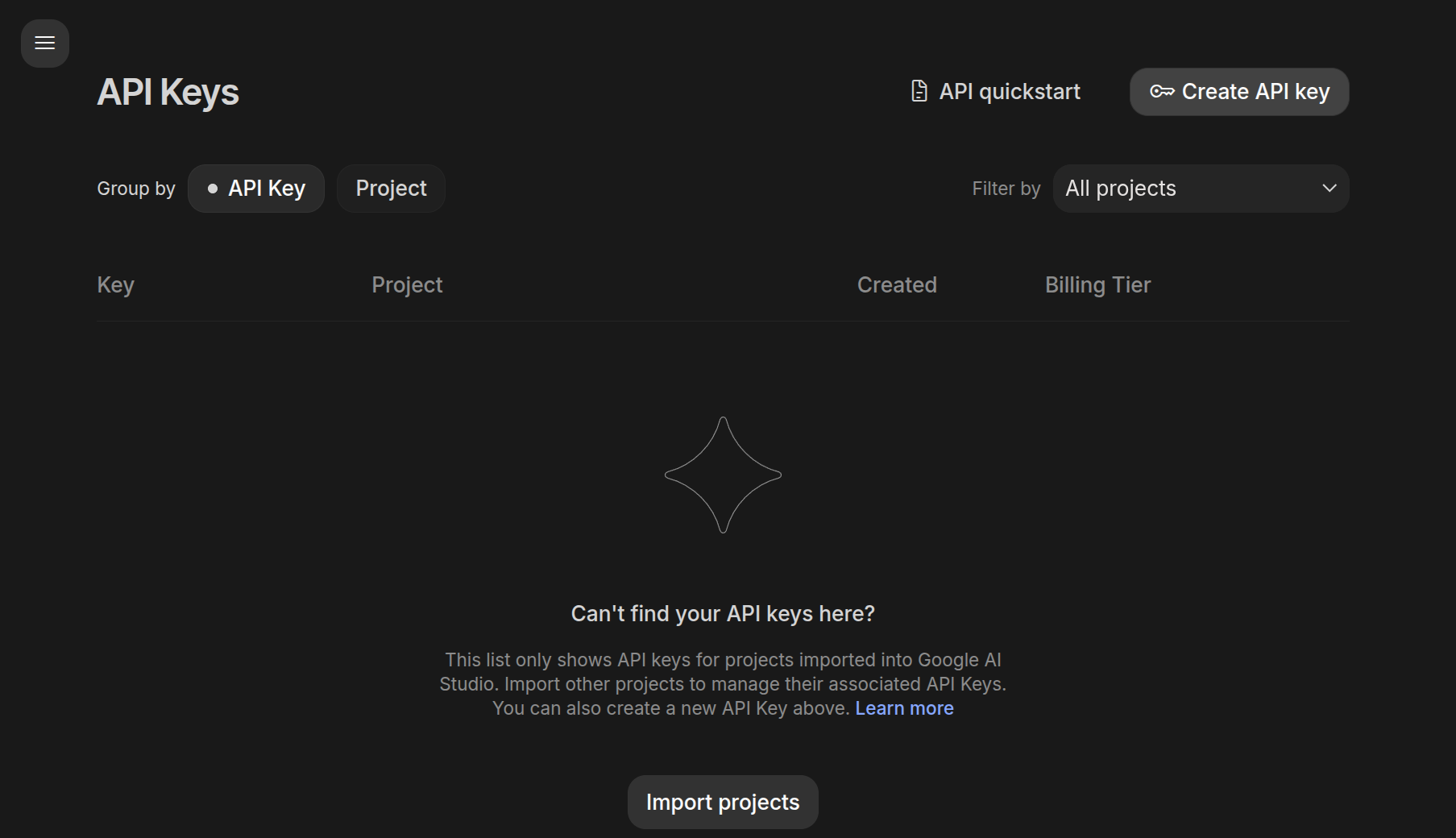 Google AI Studio API Keys page.