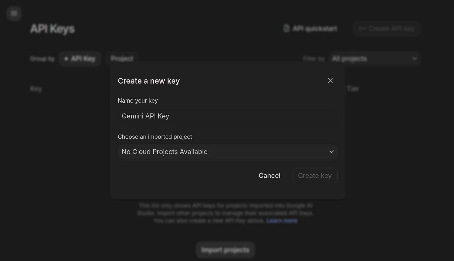 Google AI Studio showing that no Cloud projects are available.