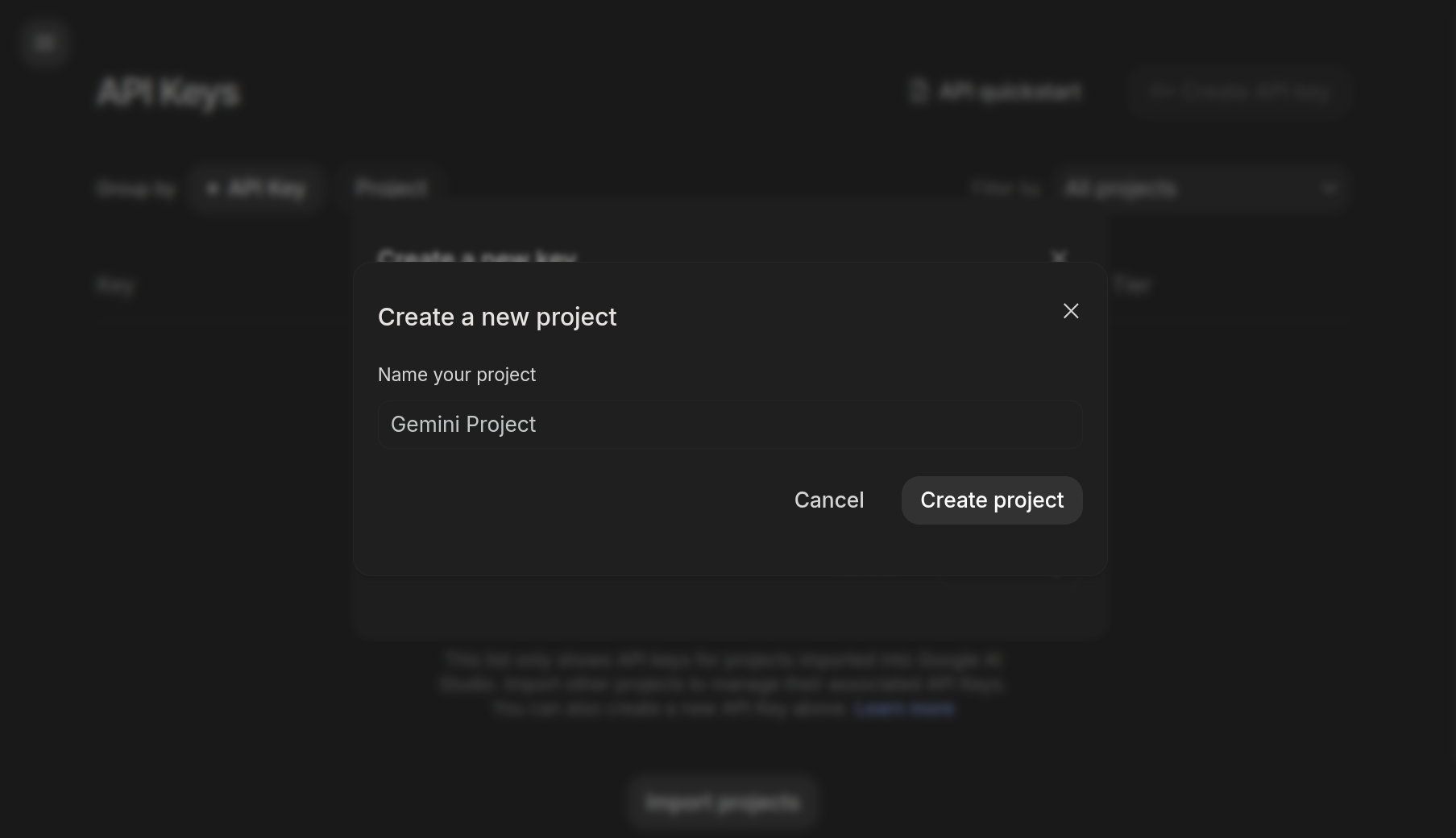 Google AI Studio project creation dialog.