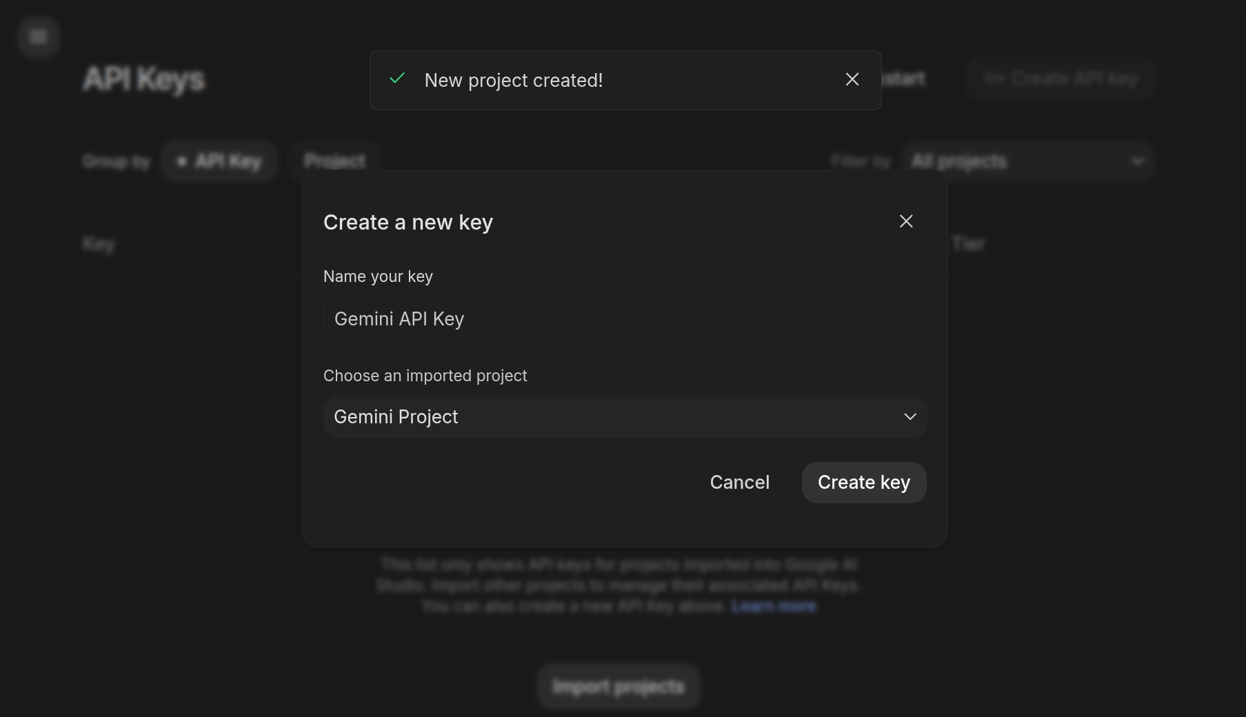 Google AI Studio with the new project selected.