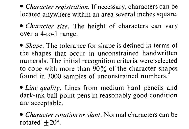 Greanias et al desired specifications for character recognition system.