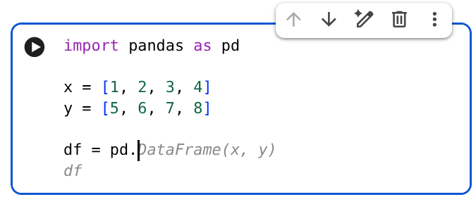 Screenshot of a notebook editor showing an inline code completion suggestion.