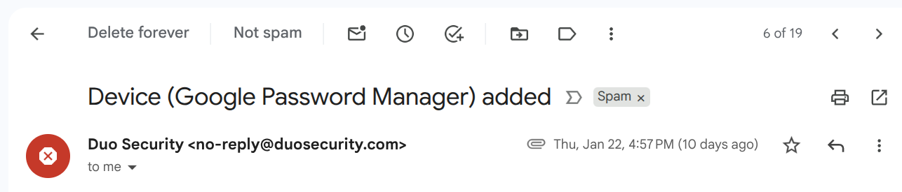 Screenshot of Gmail showing a 'Not spam' correction action.