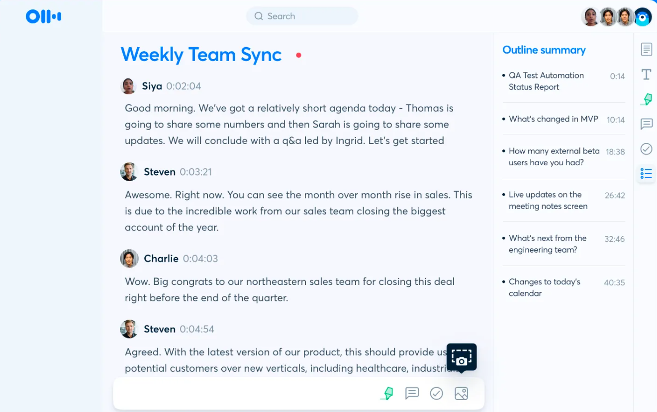 Screenshot of a meeting transcription and summary app.
