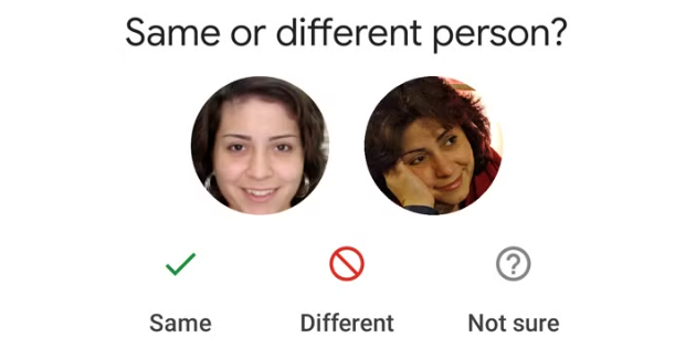 Screenshot of a photo app asking for confirmation that two photos show the same person.