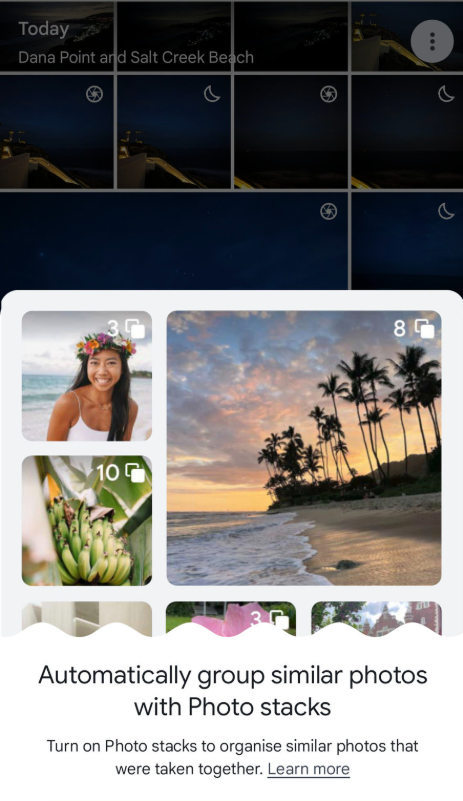 Screenshot of a photo gallery feature prompt to automatically group similar photos into stacks.