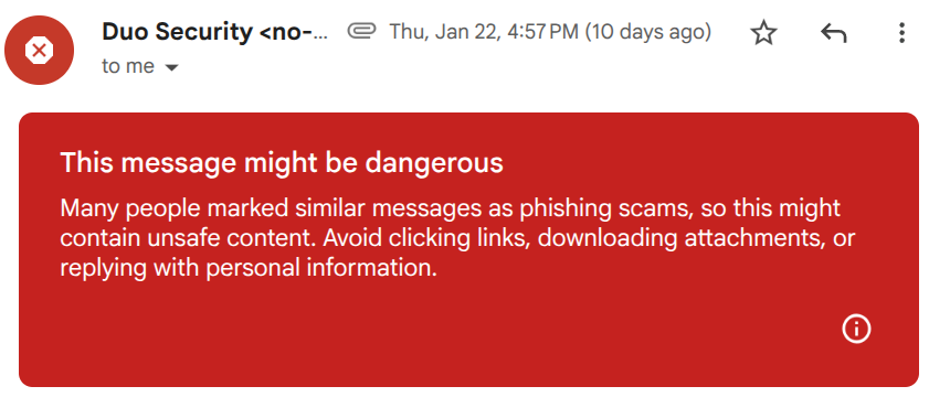 Screenshot of an email client showing a message routed to spam with a warning banner.
