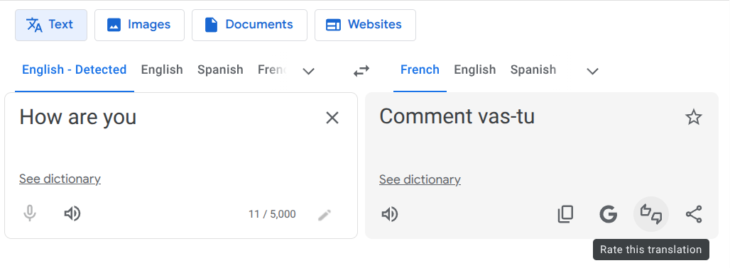 Screenshot of Google Translate with a thumbs up/down rating control.