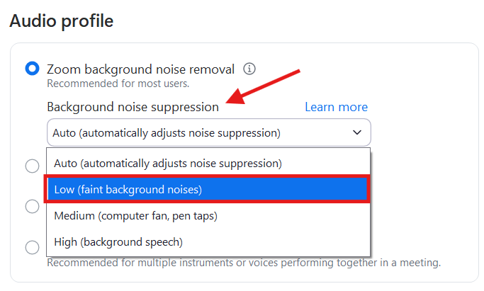 Screenshot of a Zoom setting for background noise removal.