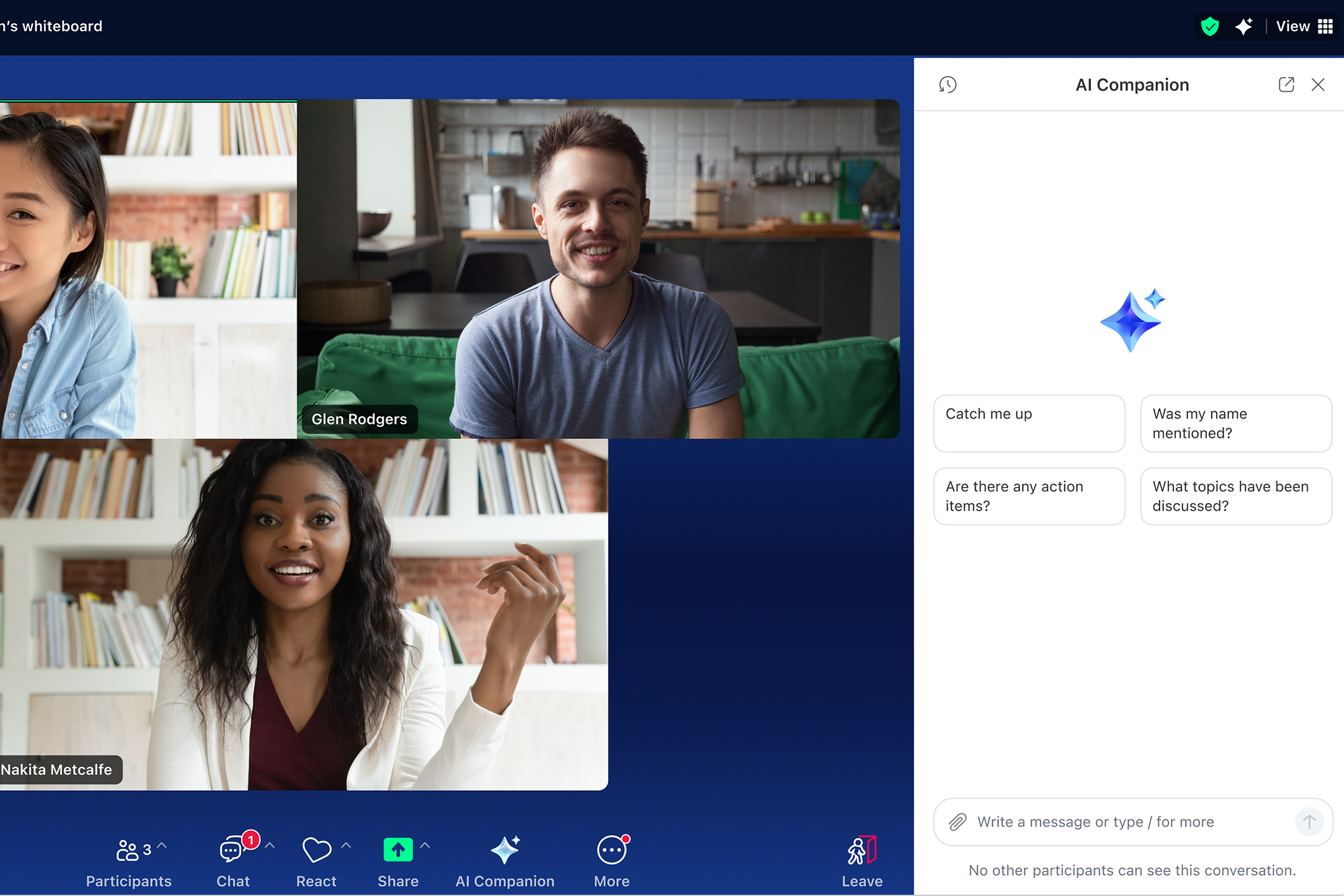 Screenshot of an incumbent meeting platform showing an AI summary or assistant feature.